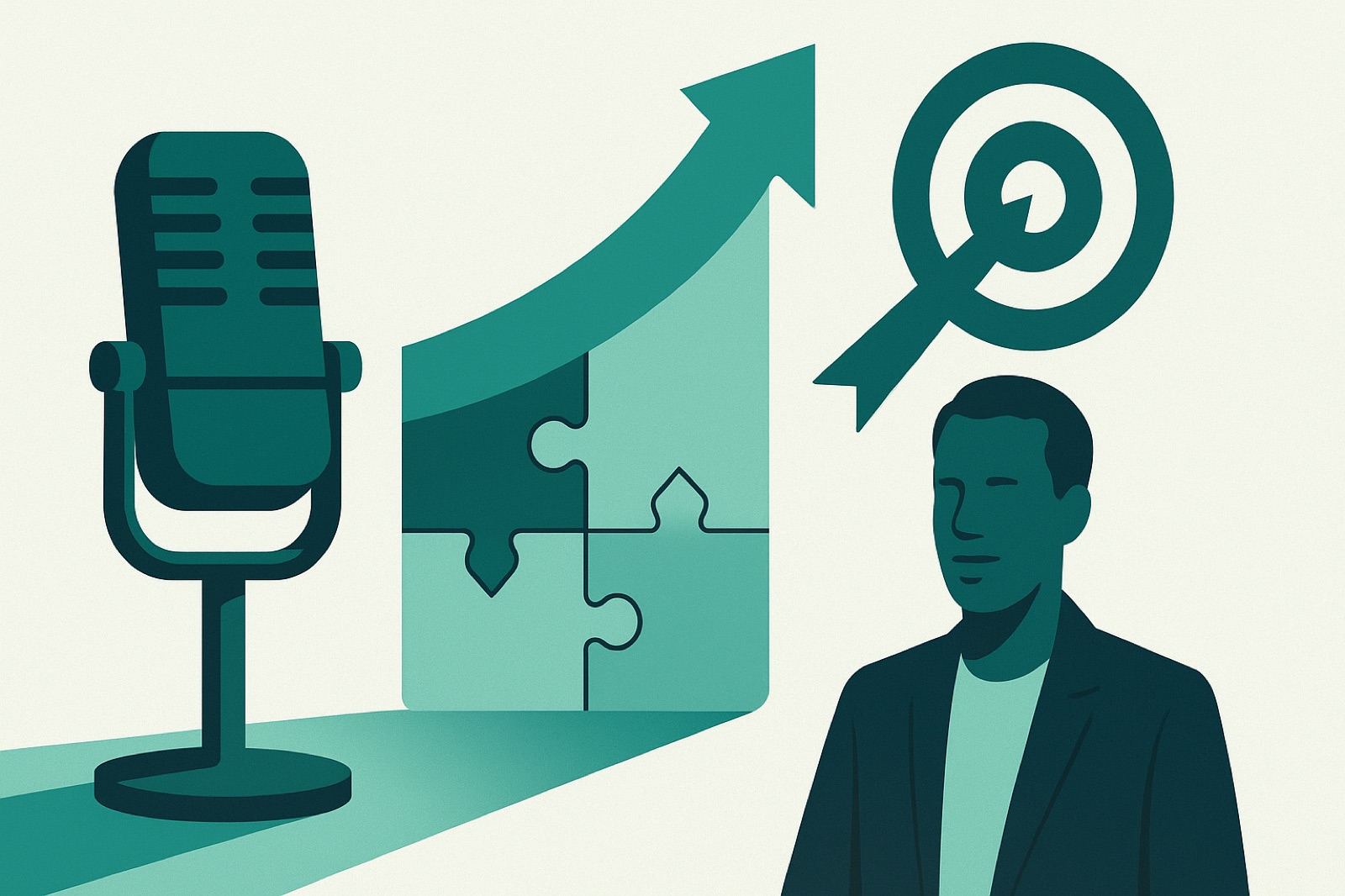 Flat vector illustration of a podcast microphone beside three puzzle pieces aligning into an upward arrow pointing to a target, representing marketing, creative and website working together to convert.