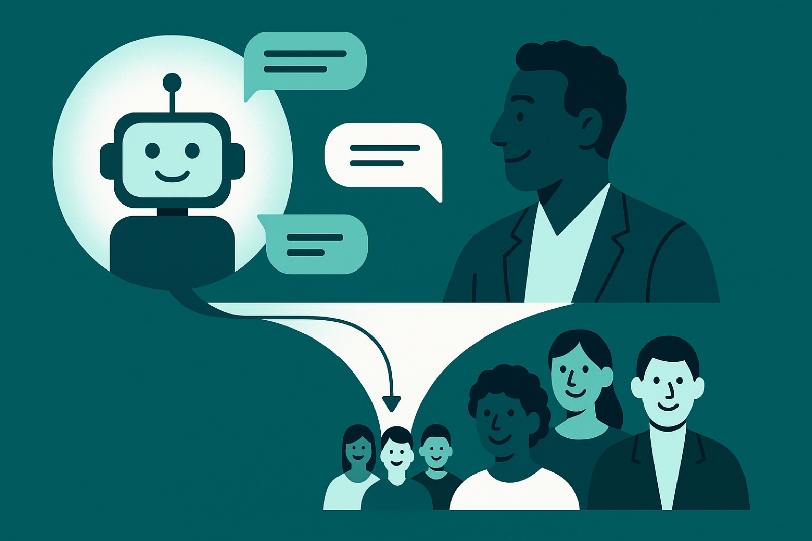 Flat teal illustration of a friendly chatbot exchanging chat bubbles with a person, the conversation funnelling into a crowd of customers